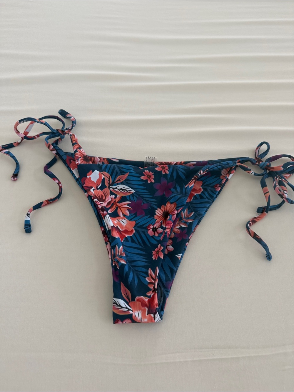 Floral Tie-Side Bikini Bottom - Navy with Coral Flowers